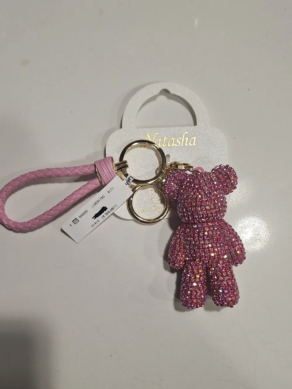 Natasha Pink Rhinestone Bear Keyring with Braided Loop NWT